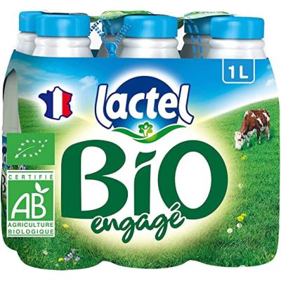 Pack de 6 bouteilles d’1L Lait bio demi-écrémé LACTEL